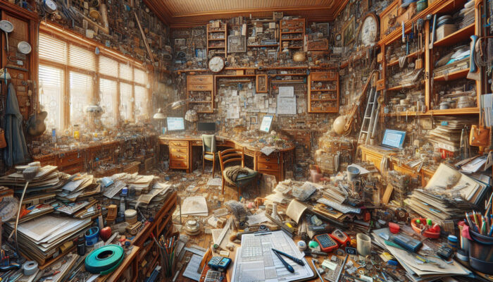 Detailed walkthrough of a cluttered house, assessing furniture and items, planning clearance strategy with necessary tools.
