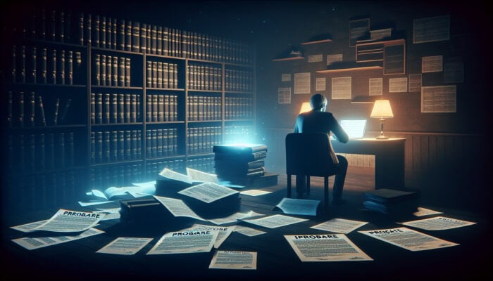 Navigating the Process of Clearing a UK Home Remotely: A reflective individual in a dimly lit study, surrounded by legal documents and a laptop displaying probate forms.