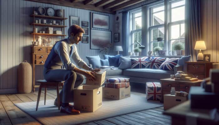 An employee from a clearance company carefully packing sentimental items in a cosy UK home, symbolising compassion during bereavement.