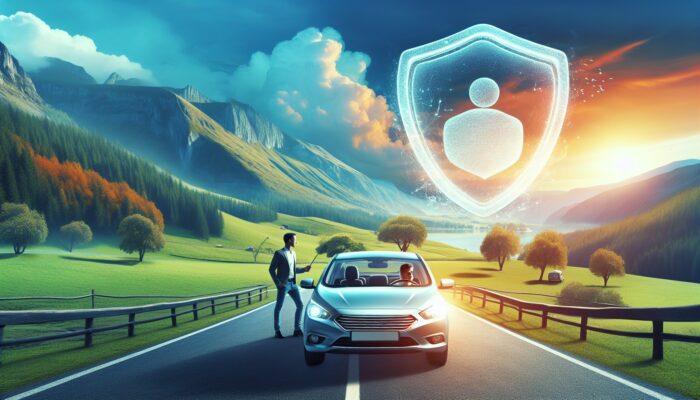 A traveler driving a rental car on a scenic road, protected by insurance symbolised by a shield.