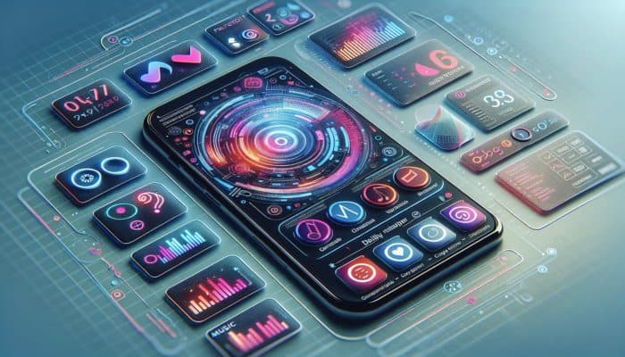 A futuristic smartphone interface with customizable Siri shortcuts for music and reminders, improving user interaction.