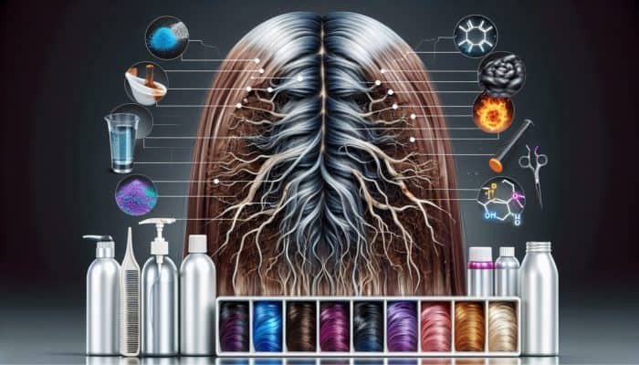Damaged colour-treated hair strands showing signs of brittleness and breakage, surrounded by dye bottles, heat tools, and UV/pollution symbols.