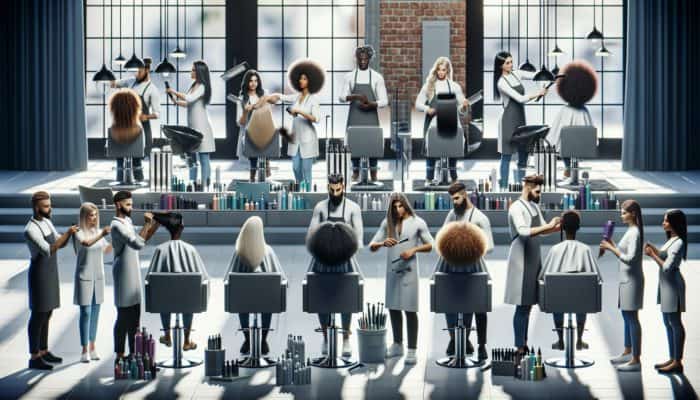 Diverse hairstylists demonstrating care techniques for various hair textures in a contemporary salon.