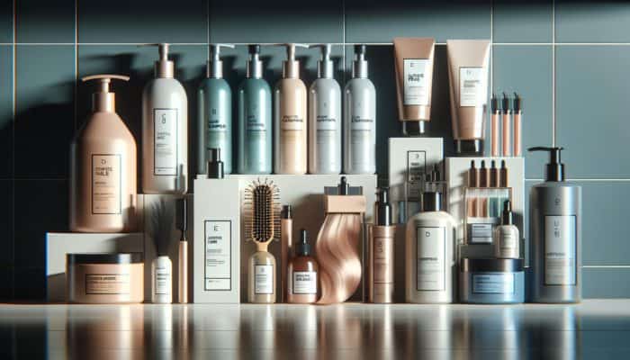 An assortment of hair care products on a shelf, enhancing the shine and health of colour-treated hair.