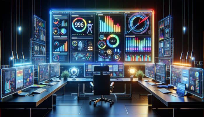 A futuristic dashboard showcasing AI-enhanced SERP analysis with graphs and charts in a modern office.
