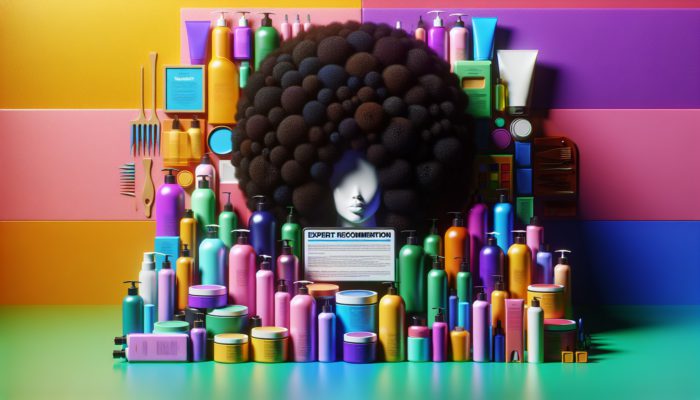 Afro-textured hair care products display with expert recommendations on a colourful background.