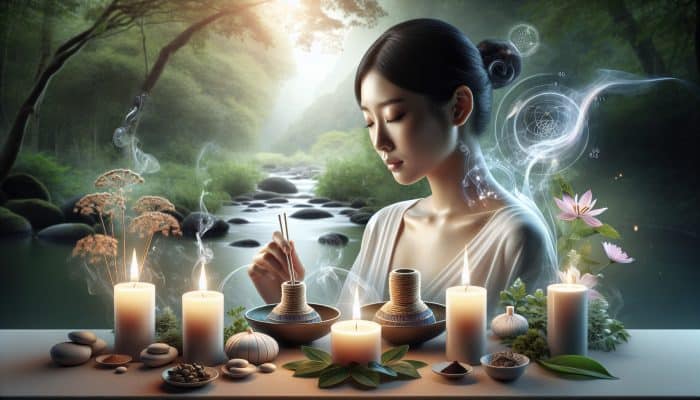 A serene Asian woman practicing moxibustion therapy amidst herbs, candles, and tranquil nature, symbolising emotional balance.