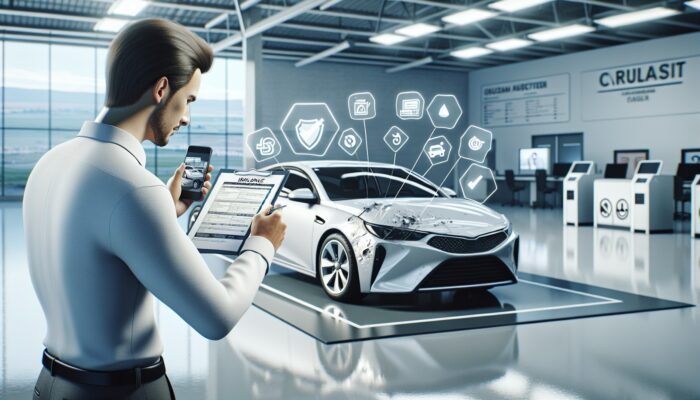 Person inspecting rental car, documenting damages, with insurance documents and checklist at modern facility.