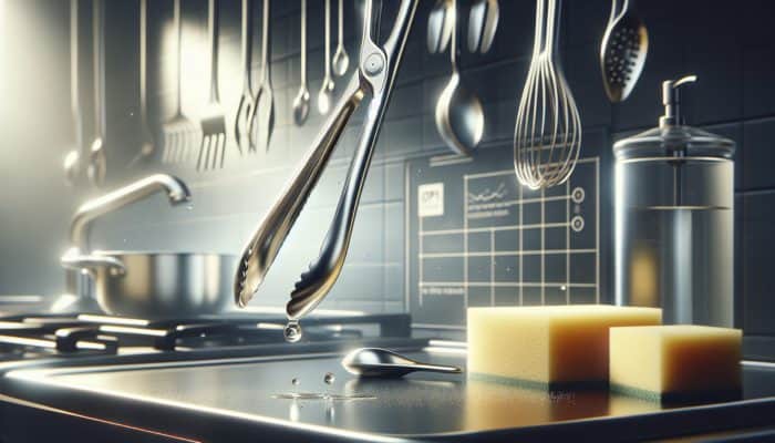 Stainless steel tongs hanging in a kitchen, symbolising care and maintenance for longevity.