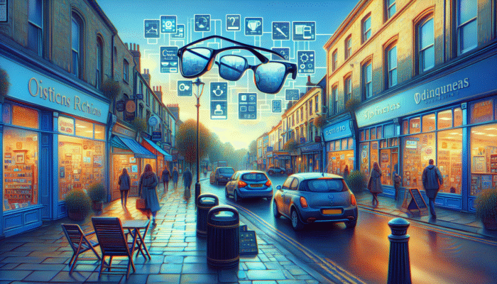 A lively Yeovil street featuring various businesses, displaying SEO-optimised signage and digital displays for local services.