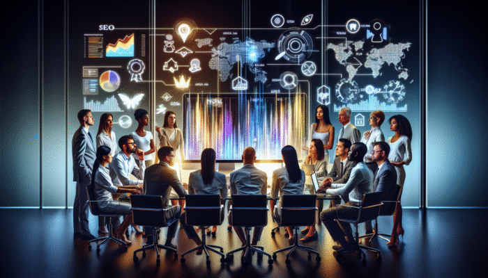 A group of professionals analysing SEO metrics on a computer screen in a contemporary office setting.