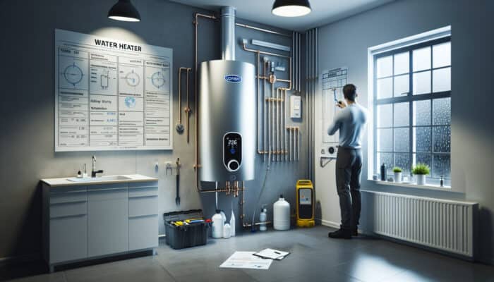 A technician in North Vancouver performing maintenance on a tankless water heater to remove mineral buildup.