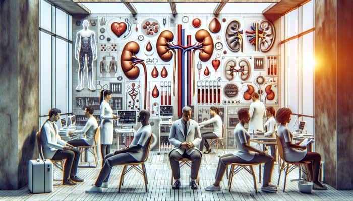 Diverse group receiving kidney blood tests in clinic, emphasising health awareness and prevention.