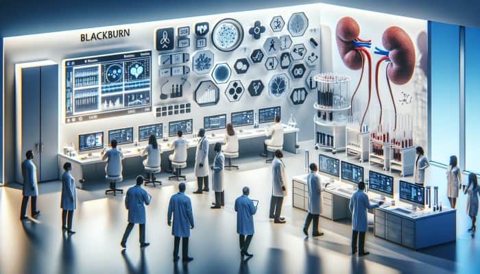 Modern Blackburn lab with advanced tech for precise, less invasive kidney blood tests, focusing on biomarker research.
