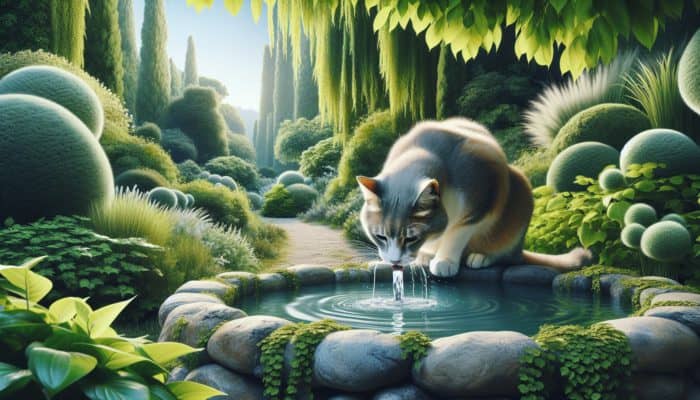 Hydration Monitoring for Elderly Cats: An elderly cat drinking from a fountain amidst greenery, symbolising hydration's importance for aging felines' health.