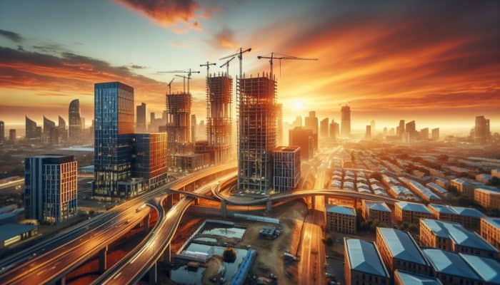 Aerial view of Randburg's skyline with modern buildings and cranes at sunset, symbolizing property market growth.