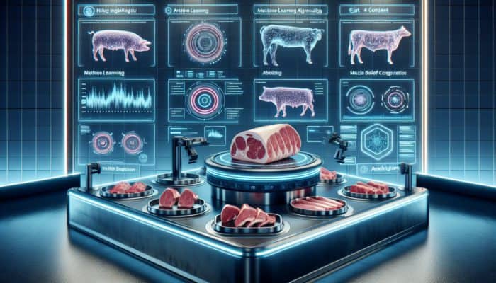 AI analyzing meat quality on a high-tech screen in a modern lab, displaying premium pork and beef cuts.