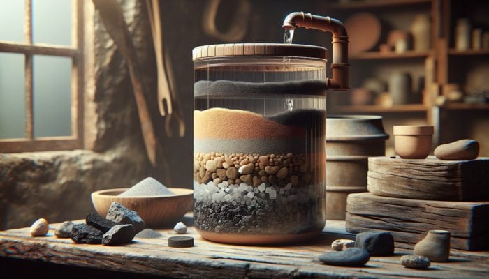 DIY water purifier with sand, charcoal, gravel, and ceramic layers, filtering muddy water in a rustic workshop.