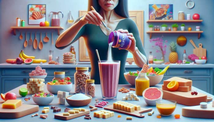 Person adding collagen powder to smoothie, surrounded by collagen snacks and meals on kitchen counter.