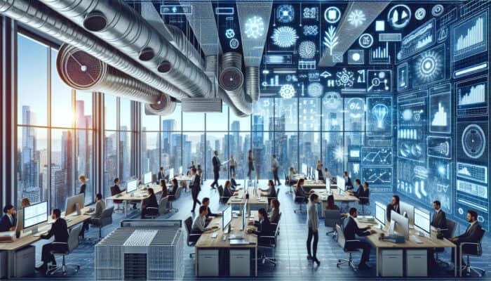 Commercial Duct Cleaning Services in Vancouver: A Vancouver office with clean air from maintained ducts, enhancing health and HVAC longevity, skyline view.