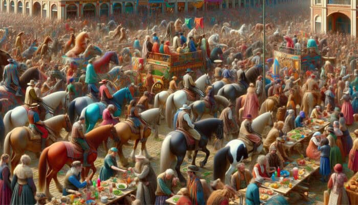 A historical parade featuring animals, floats, music, and performers, celebrating cultural unity and prosperity.