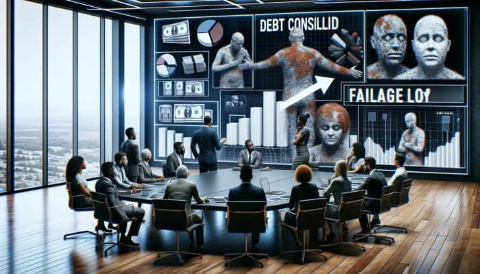 Diverse financial experts analysing failed debt consolidation loan cases on a chart in a modern conference room.