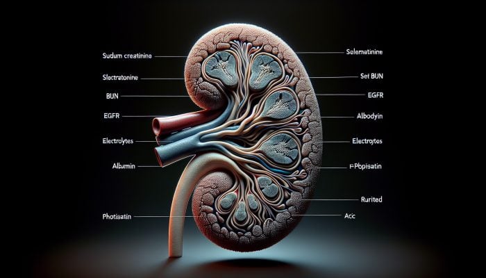 Kidney Blood Test in Bolton: A medical illustration of a kidney with labeled sections showing various diagnostic test levels for kidney health.