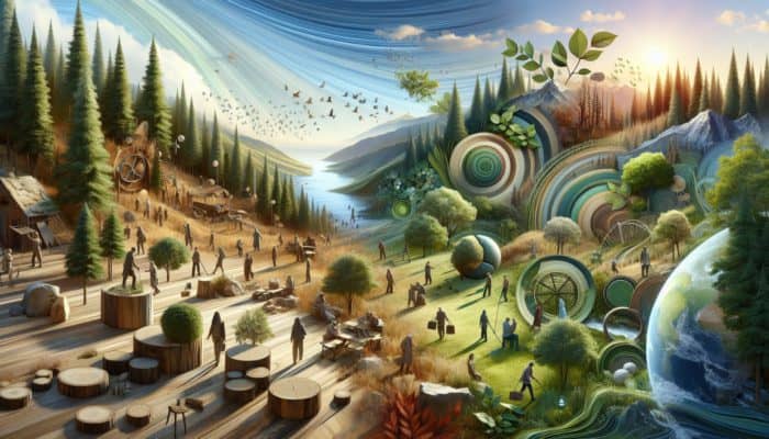 A serene landscape with natural textures like wood, stone, and leaves, symbolizing sustainable living and a circular economy.