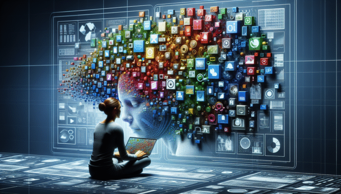 A person organizing a vibrant collage of articles, images, and videos on a digital board, symbolising content curation.