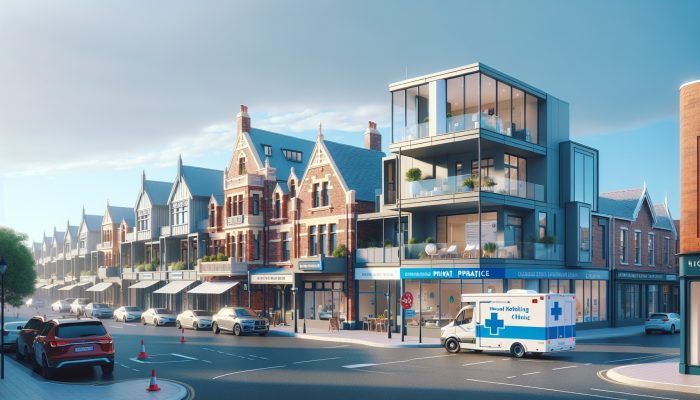 A bustling Rutherglen street showcasing various healthcare facilities including a health centre, GP practice, private clinic, and mobile unit.