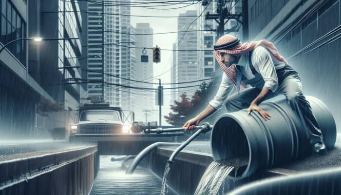 A professional managing a catch basin in North Vancouver's rugged terrain during heavy rainfall, ensuring local compliance.