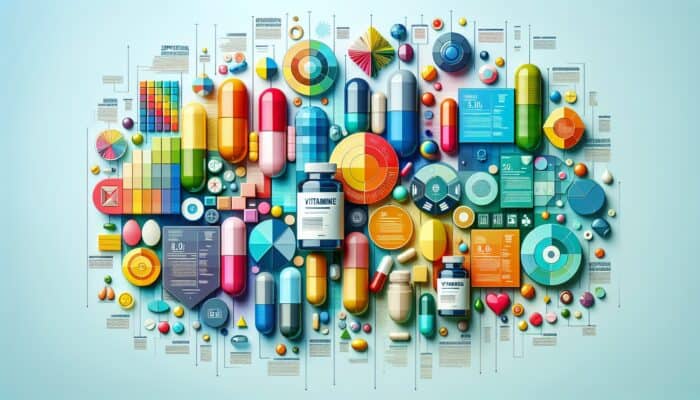 Vibrant infographic with tips on creating content centred around supplements, featuring vitamins and capsules.