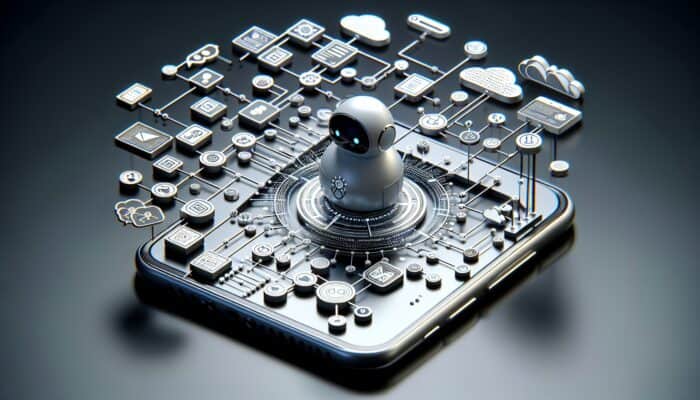 A modern smartphone showcasing a futuristic e-commerce platform featuring AI chatbots and serverless architecture.