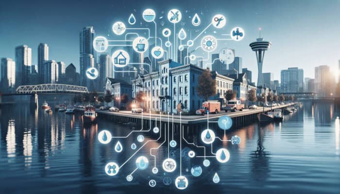 Infographic with expert tips on water leak detection in Gastown, Vancouver, featuring modern tools and historic architecture.