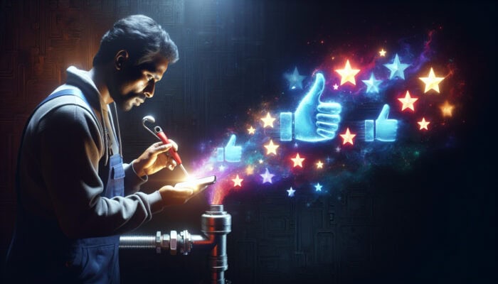 Customer reading positive reviews on smartphone, with plumber fixing drain in background.