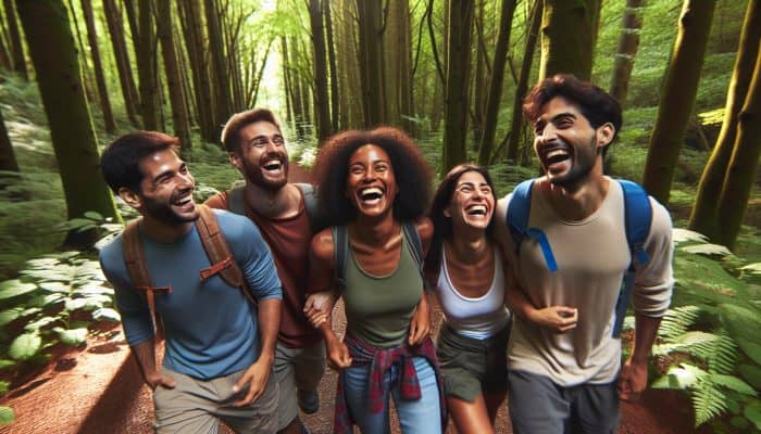 A diverse group hiking and laughing in a lush forest, highlighting the mental health benefits of social connections.