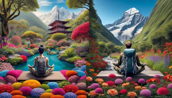 A person meditating in a vibrant garden versus a hiker reaching a mountain summit, showcasing outdoor activity choices.