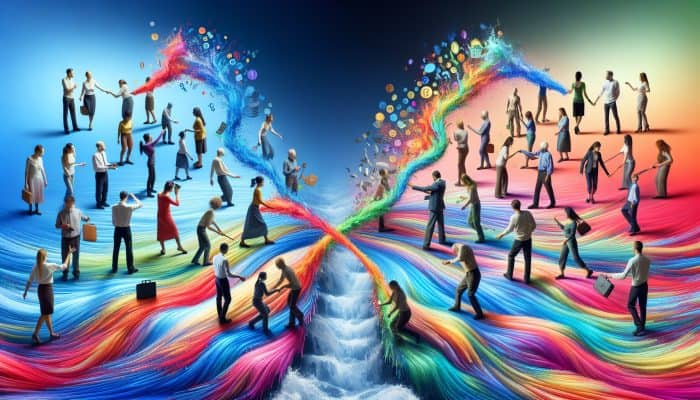 Living Debt-Free After Consolidation Loans: Person merging chaotic debt streams into one clear river, symbolising debt consolidation and relief.