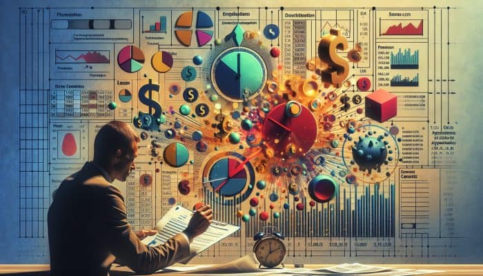 Debt Consolidation and Financial Risk Factors: UK Guide | DCL A person reviewing financial documents with charts showing a temporary credit score dip, surrounded by loan forms and a clock.