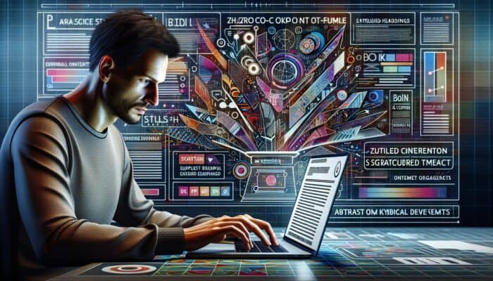 A user at a laptop conducting a zero-click search with structured content and graphs analyzing user behavior.