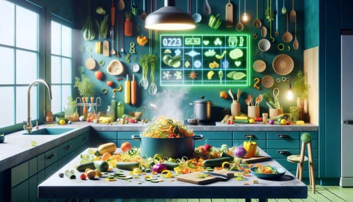 A vibrant kitchen scene showcasing vegetable peels being transformed into nutritious stock, representing the concept of eco-friendly upcycling.