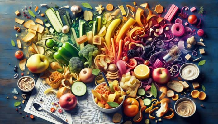 A lively kitchen scene where food scraps have been transformed into delicious upcycled dishes.