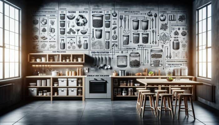 A kitchen scene featuring food scrap storage, upcycling recipes, and preservation methods such as freezing, dehydrating, and fermenting.