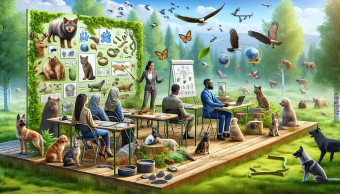 A pet owner at a wildlife safety seminar with an expert, surrounded by educational materials in nature.