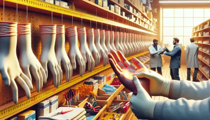 A bright UK glove shop featuring shelves filled with various latex gauntlet gloves, as a consultant measures a hand for fit and safety.