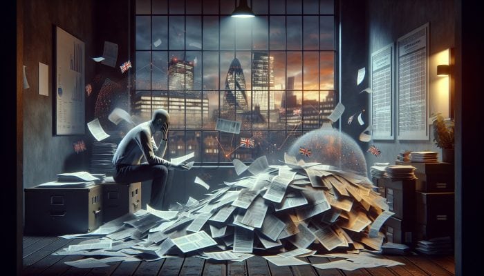 Debt Consolidation Loan Pitfalls to Dodge: UK Guide | DCL A stressed person in the UK amidst financial documents, facing debt consolidation loan pitfalls, city skyline background.