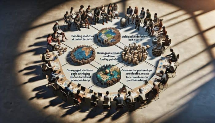 Diverse group brainstorms pandemic strategies in dimly lit community center with charts on funding shortfalls, unengaged citizens, and training.