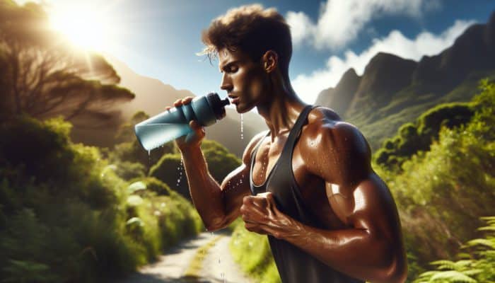 Hydration Techniques for Athletes: Determined athlete pauses during trail run to sip from sports bottle, sweat on focused face, with greenery and distant mountains.