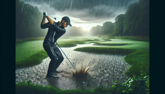 Golfer in waterproof gear swinging on a rain-soaked course under cloudy sky with puddles.