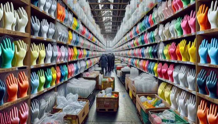 Polythene Gloves In Hull: In a bustling Hull market, shelves display various transparent and colored polythene gloves for food, medical, and industrial use.